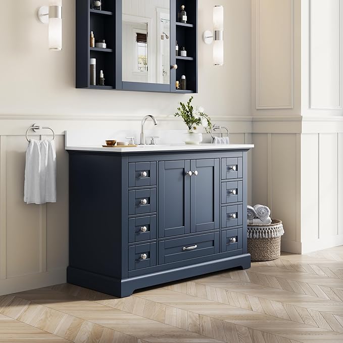 WELLFOR 48" Bathroom Vanity with Sink, Bathroom Freestanding Vanity W/ 2 Soft-Close Doors and 9 Soft-Close Drawers, Bathroom Cabinet Vanity with Cultured Marble Countertop (Navy Blue)