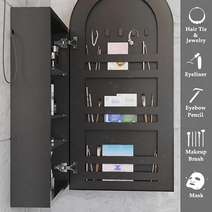 Arched Medicine Cabinet with Mirror,Bathroom Medicine Cabinet Wall Mounted,Bathroom Vanity Mirror with Storage 2 Power Outlets,Mirrored Cabinet with Adjustable Shelf, 20X34 Inch Black