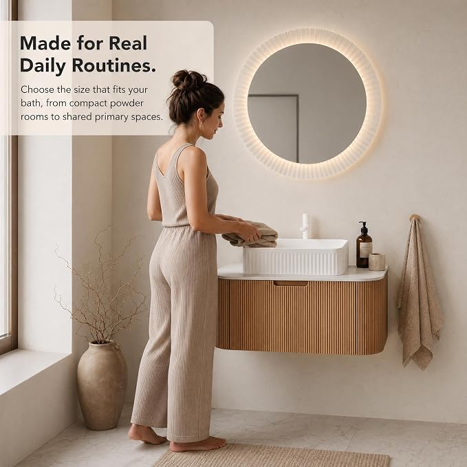 36 Inch Bathroom Vanity with Sink, Floating Wall Mounted Single Sink Vanity, Natural Woodgrain Curved Fluted Front, Stone Top, White Textured Rectangular Vessel Basin, Pre-Assembled