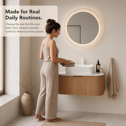 36 Inch Bathroom Vanity with Sink, Floating Wall Mounted Single Sink Vanity, Natural Woodgrain Curved Fluted Front, Stone Top, White Textured Rectangular Vessel Basin, Pre-Assembled