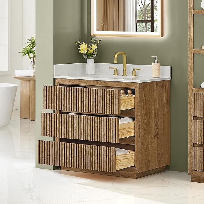 ALTAIR 36 Bathroom Vanity with Sink Mordern Freestanding Single Vanities Brown Large Storge Cabinet with Backsplash Sidesplash Ceramic Countertop Pre-Assembled Bath Fixtures