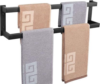 NearMoon Bathroom Towel Bar, Towel Rod Holder, Square Shelf Rack Hanging Towel for Bath, Thicken SUS304 Stainless Steel Towel Rack Wall Mounted-2-Tier Bath Accessories (24 Inch, Matte Black)