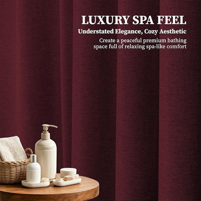 Long Linen Textured Waterproof Shower Curtain Set, 72x84, Burgundy | Tall Size, 230GSM Polyester, Heavy Duty Cloth, Weighted Hem, 12 Plastic Hooks, Modern Luxury Hotel Style, Machine Washable