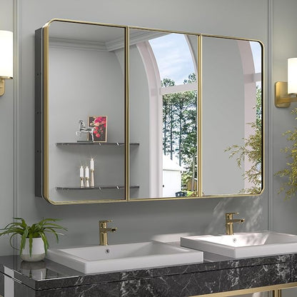 Keonjinn 48 x 32 Inch Large Gold Medicine Cabinets, Recessed Bathroom Medicine Cabinet, Dim Brushed Brass Stainless Steel Framed, Sturdy & Heavy, Stepless Adjustable Shelves, DTC Hinges, Modern