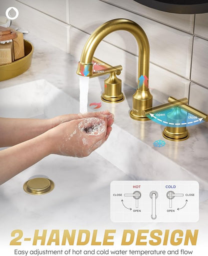 WOWOW Gold Bathroom Faucet 3 Hole Bathroom Sink Faucet Widespread Vanity Faucet 2 Handle Brass Basin Faucet with Pop Up Drain 8 Inch Mixer Tap Antique