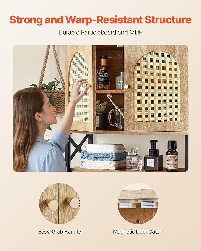 VEVOR Bathroom Wall Cabinet, 23" W x 24" H with 2 Doors and Adjustable Shelf, Over The Toilet Storage Medicine Cabinet Wall Mounted, Hanging Organizer with Shelves & Open Partition