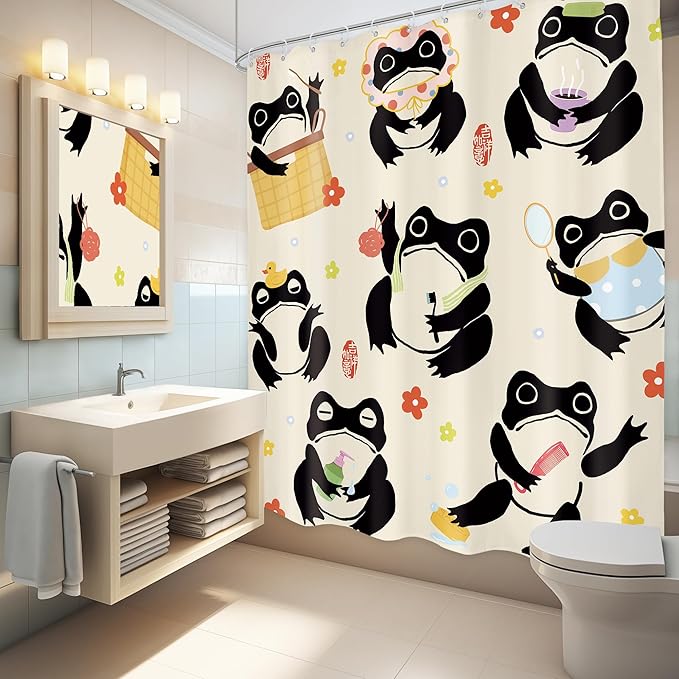 LGhtyro Funny Frog Shower Curtain Bathroom Set 60Wx71H Inches Fun Kids Cartoon Animal Asian Japanese Style Traditional Floral Bath Accessories Hilarious Lovely Art Home Decor Fabric 12 Pack Hooks