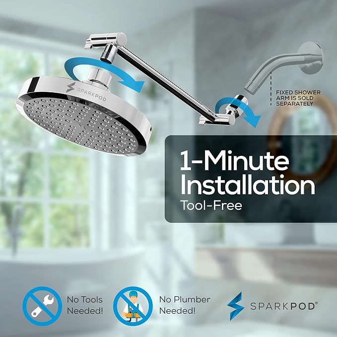 SparkPod 6" Round Rain Shower Head with 11" Shower Arm | Shower Head & Extension Arm Combo, Height Adjustable, High Pressure Performance, Easy 1-Minute Installation, Polished Chrome