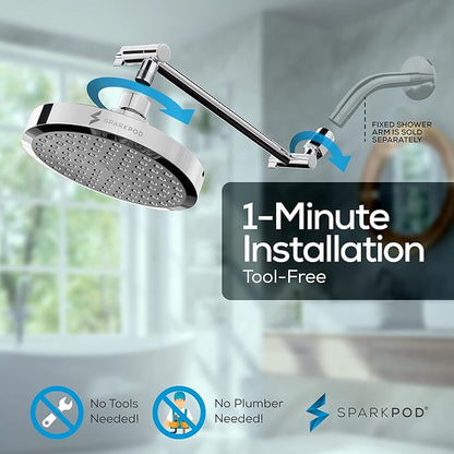 SparkPod 6" Round Rain Shower Head with 11" Shower Arm | Shower Head & Extension Arm Combo, Height Adjustable, High Pressure Performance, Easy 1-Minute Installation, Polished Chrome