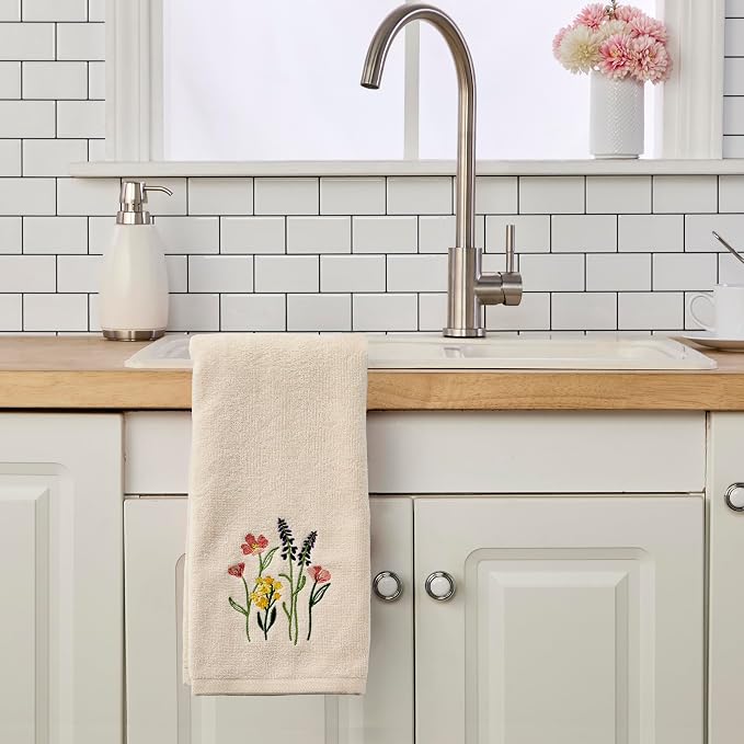 SKL Home Meadow Bouquet Hand Towel Set-2pc, Embroidered, Natural | 100% Cotton. Soft, decorative velour. For use in the bathroom, kitchen or bar & makes a great gift.