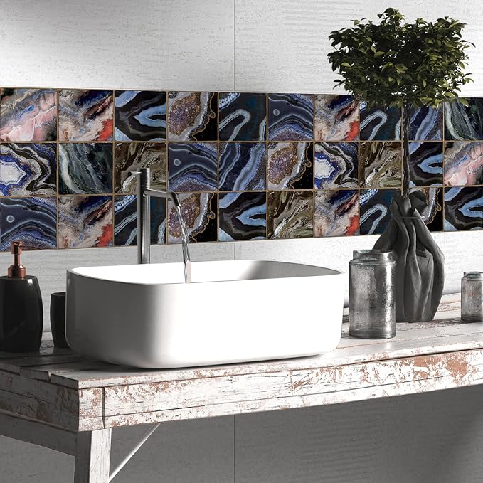 Alwayspon Vinyl Sticker Peel and Stick, Self-Adhesive Wall Tile Transfers Backsplash Sticker Decal for Kitchen Bathroom, 6x6inch/15x15cm 30Pcs, Dark Stone Stripes T047