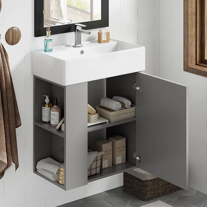 Merax Floating Bathroom Vanity with Sink Combo, 20" Wall Mounted Cabinet with Wood Stripes Decor, Open Shelf, One Piece Sink Basin Bathroom Vanity, Gray