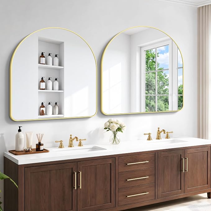 BONEWEI Arched Wall Mirror,42x42 inch Gold Arched Mirror Bathroom,Large Vanity Mirror for Over Sink Metal Frame,Tempered Glass Arch Mirrors for Bedroom,Entryway,Living Room,Home Decor Shatter-Proof