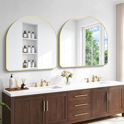 BONEWEI Arched Wall Mirror,42x42 inch Gold Arched Mirror Bathroom,Large Vanity Mirror for Over Sink Metal Frame,Tempered Glass Arch Mirrors for Bedroom,Entryway,Living Room,Home Decor Shatter-Proof