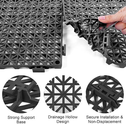Modular Interlocking Cushion 18 Pack 11.8" x 11.8" Rubber Floor Tiles Non-Slip Splicing Drainage Mats for Deck, Black