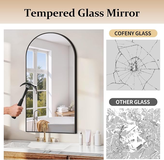 COFENY Arched Mirror, 24’’x48’’ Black Arch Mirror for Bathroom, Arched Bathroom Mirror with Frame, Modern Wall Mounted Mirror for Over Sink Mantle Bedroom Vanity Living Room Entryway