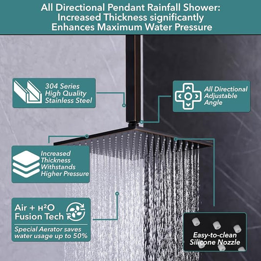 VANFOXLE Shower Faucet Set Oil Rubbed Bronze Modern Shower System | Push Button Diverter, 12 Inch Ceiling Mount Rain Head Increased Thick, 6 Inch Side Head, 2-in-1 Handheld Sprayer