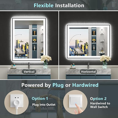 32x36 Black Framed LED Bathroom Mirror with Lights, Backlit and Front Lit Anti-Fog Lighted Vanity Mirrors for Bathroom Wall, Dimmable, 3 Colors, Memory, HD Tempered Glass, Horizontal/Vertical
