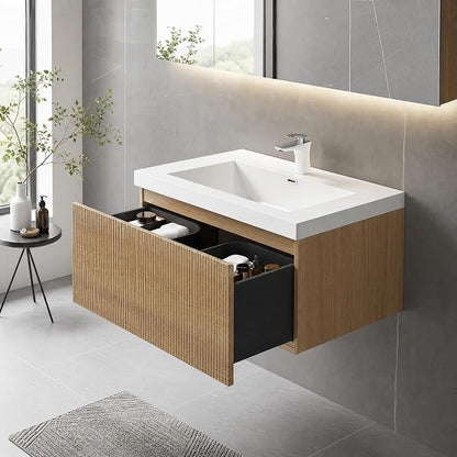 Floating Bathroom Vanity, 24" Wall Mounted Bathroom Cabinet with Glossy White Stone Resin Sink & U-Shaped Soft-Close Drawer, Pre-Assembled Striped Storage Vanity for Bathroom, Natural Wood