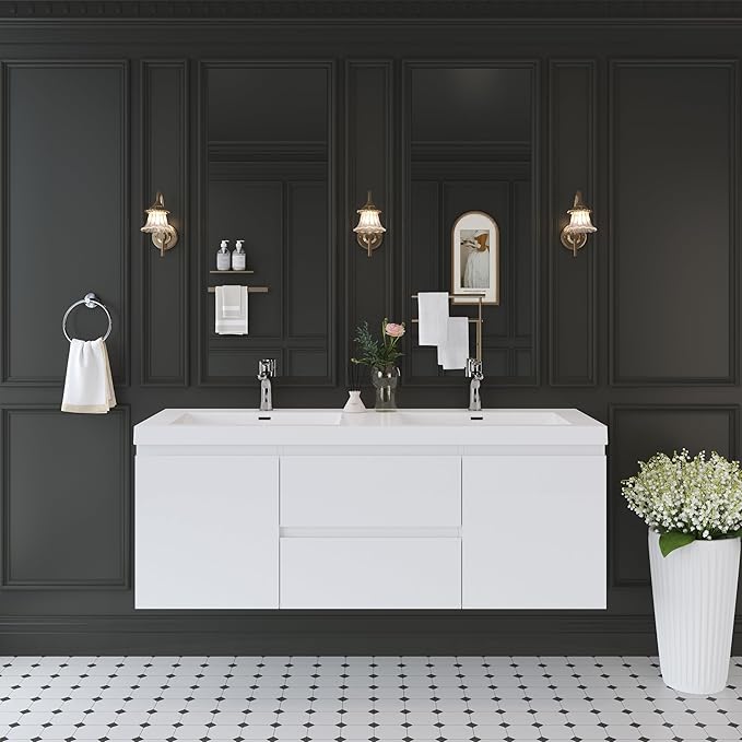 Floating Bathroom Vanity with Double Sinks, 60" Wall-Mounted Bathroom Storage Vanity Cabinet with Resin Top Basin and Soft Close Drawers, No Assembly Required, Glossy White