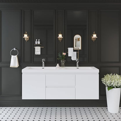Floating Bathroom Vanity with Double Sinks, 60" Wall-Mounted Bathroom Storage Vanity Cabinet with Resin Top Basin and Soft Close Drawers, No Assembly Required, Glossy White