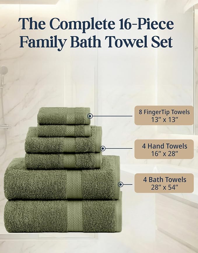 LANE LINEN Large Bath Towel Set Absorbent Quick Dry 100% Cotton - Oil Green | Soft Cotton Towels - Fade-Resistant Color, Classic Terry Weave, Densely Woven & Durable, Easy-Care, Coordinated Colors