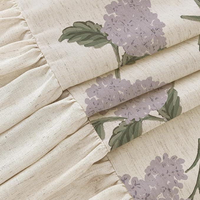 ORTIGIA Linen Textured Ruffle Shower Curtain with Metal Hooks, Vintage Purple Hydrangea Floral Boho Waterproof Bath Curtain for Rustic Farmhouse Bathroom Decor 72x72 Inch