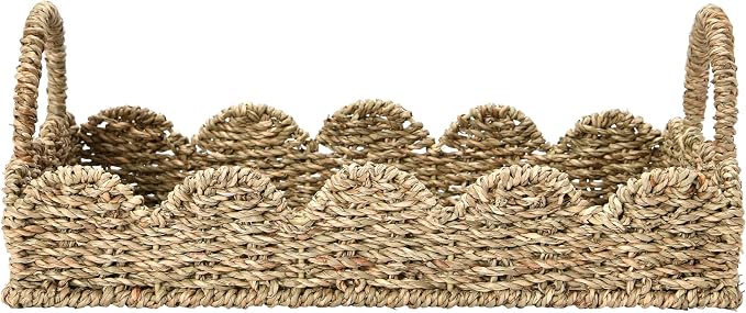 Household Essentials Seagrass Decorative Tray with Scalloped Edge, Handwoven Natural Wicker Organizer Basket with Handles & Iron Frame for Coffee Tables, Bathrooms & Countertops (Pack of 8)
