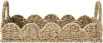 Household Essentials Seagrass Decorative Tray with Scalloped Edge, Handwoven Natural Wicker Organizer Basket with Handles & Iron Frame for Coffee Tables, Bathrooms & Countertops (Pack of 8)