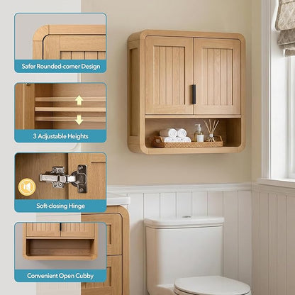 Premium Bathroom Wall Cabinet, Engineered Wood Medicine Cabinet with Soft-Close Doors & Child-Safe Rounded Edges, Modern Farmhouse Storage Organizer for Laundry, Kitchen