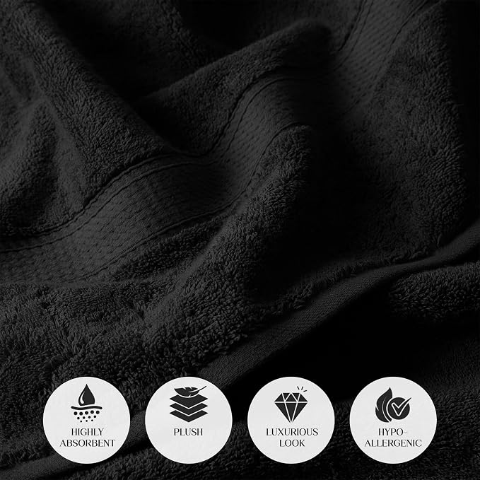 Superior Egyptian Cotton Plush & Absorbent, Bath Towel Set of 4, Black | Quick Dry, Soft Luxury Towel Set, Bath Essentials for Bathroom, Guest Bath, Spa, 4 Piece Bath, Madeline Towels