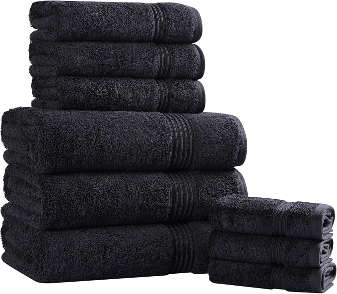 Superior Egyptian Cotton 9-Piece Towel Set, Assorted Towels for Home Bathroom, Guest Bath Decor Essentials, Includes 3 Bath, 3 Hand, 3 Face Towels/Washcloths, Quick Dry, Absorbent - Black