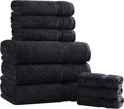 Superior Egyptian Cotton 9-Piece Towel Set, Assorted Towels for Home Bathroom, Guest Bath Decor Essentials, Includes 3 Bath, 3 Hand, 3 Face Towels/Washcloths, Quick Dry, Absorbent - Black