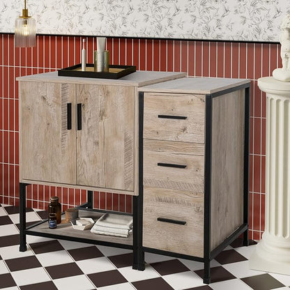 UEV 36" Bathroom Vanity Set, Oak Color Bathroom Vanity Set with 3 Drawers Side Cabinet Combo (Without Sink)
