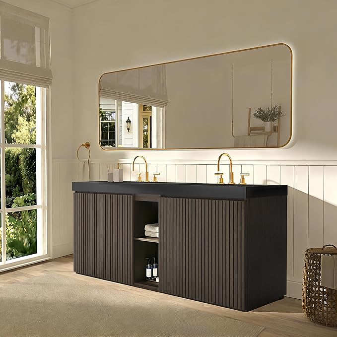 72" Bathroom Vanity with Double Sink, Freestanding Double Sink Bathroom Vanity with Black Engineered Stone Top, Open Storage Cabinet & Adjustable Shelf, 4 Soft-Closing Doors, Smoked Oak Brown