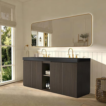 72" Bathroom Vanity with Double Sink, Freestanding Double Sink Bathroom Vanity with Black Engineered Stone Top, Open Storage Cabinet & Adjustable Shelf, 4 Soft-Closing Doors, Smoked Oak Brown