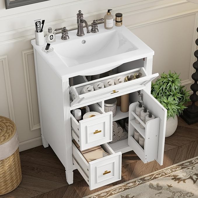 24" Modern Bathroom Vanity with Ceramic Sink, Solid Wood Frame Freestanding Storage Cabinet w/2 Drawers & Tilt-Out Drawer, Door Rack & Adjustable Shelf, Golden Metal Handles, White