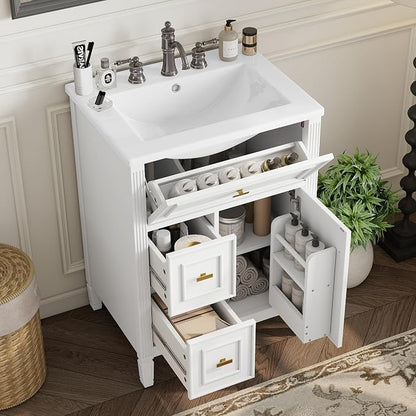 24" Modern Bathroom Vanity with Ceramic Sink, Solid Wood Frame Freestanding Storage Cabinet w/2 Drawers & Tilt-Out Drawer, Door Rack & Adjustable Shelf, Golden Metal Handles, White