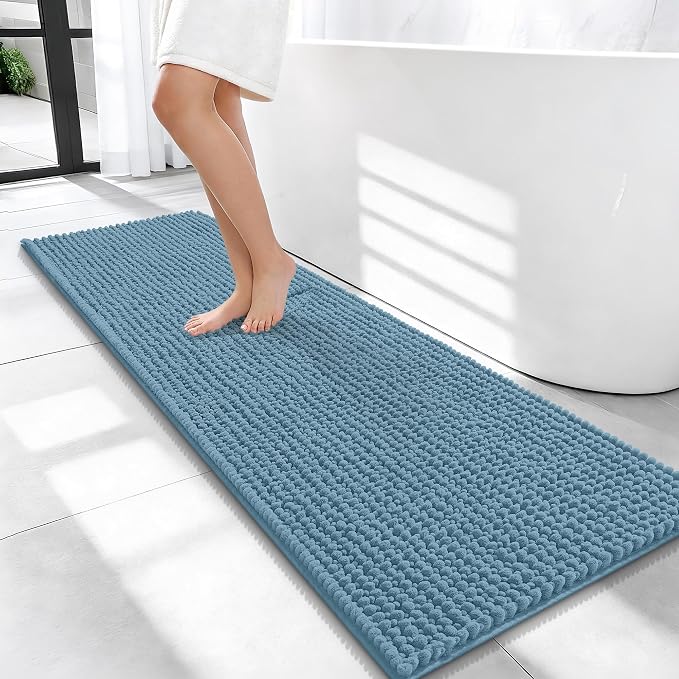 OLANLY Thick Chenille Bathroom Runner Rugs Mats 47x17, Airy Blue | Soft Absorbent Bath Rugs, Rubber Backing, Machine Wash Dry, Bath Mats for Bathroom, Tub and Shower, Home Decor Accessories