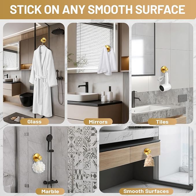 Suction Cup Hooks for Shower No-Drill Bathroom Hooks for Towels, Robes, Loofah Mountable on Bathroom Walls, Kitchen, Glass, Mirrors, Tile and Smooth,Non-Porous Surfaces (4, Brushed Gold)
