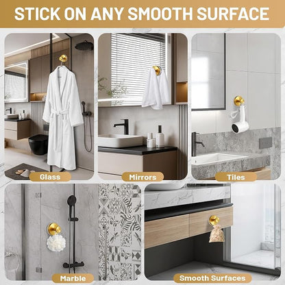 Large Suction Cup Hooks, Heavy Duty 15lb Holds Towel & Robe, No-Drill Shower Bathroom Hooks for Tile Wall Glass Mirror, Mounts on Smooth Non-Porous Surfaces(2 Pack, Brushed Gold)