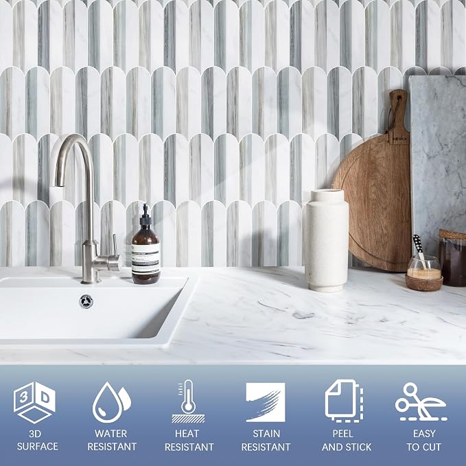 Tilingview 10PCS Peel and Stick Backsplash for Kitchen, Self-Adhesive Marble Splicing Vinyl Tile, Feather Gel Wall Tile for Home Decoration (Blue White)