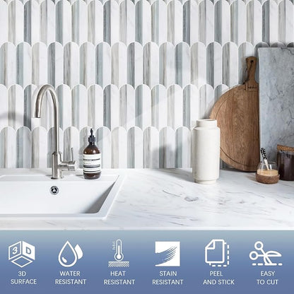 Tilingview 10PCS Peel and Stick Backsplash for Kitchen, Self-Adhesive Marble Splicing Vinyl Tile, Feather Gel Wall Tile for Home Decoration (Blue White)
