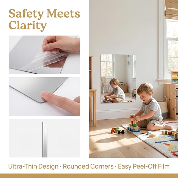 iCAGY Acrylic Mirror for Wall Kids Adults Bedroom Door Closet | Shatterproof, Self-Adhesive, Lightweight, Plastic Mirror Tile Sheet, Reflective, Safe, Plexiglass, 8x8 inch 4 Pcs