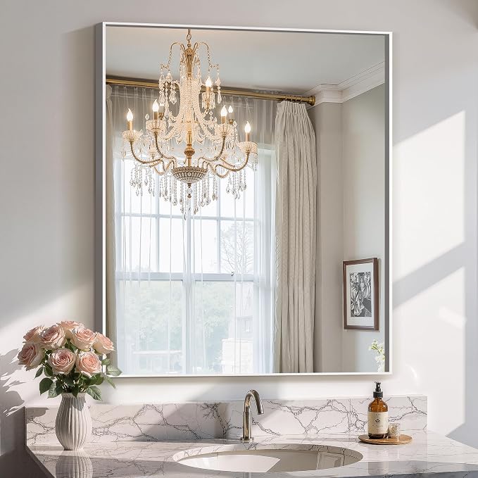 Bathroom Vanity Mirror for Wall, 30"x36" Bathroom Mirror for Over Sink | HD Shatterproof Glass, Rectangular Metal Frame, Horizontally or Vertically, Mirror for Bathroom, Living Room, Entryway,Silver