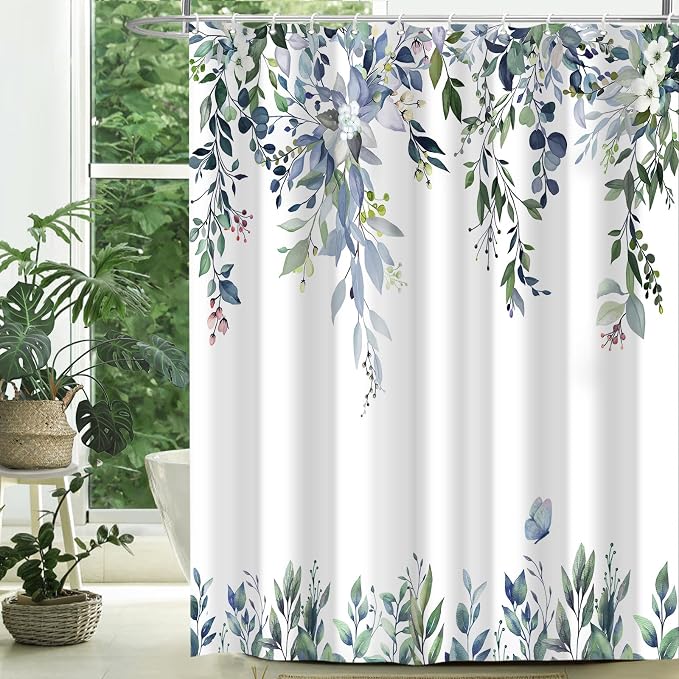 Dark Green Floral Eucalyptus Shower Curtain with Hooks, 72x78 Inch | Waterproof Fabric, Watercolor Leaves and Floral, Botanical Style, Machine Washable, Quick-Drying, for Hotel Bathroom