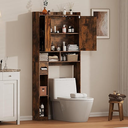 Over The Toilet Storage Cabinet, 31.1”W Bathroom Organizer with Double Doors, Above Toilet Rack, Detachable Toilet Paper Holder for Bathroom & Laundry Room Brown