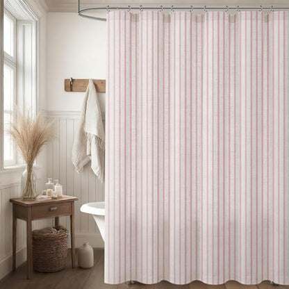 Farmhouse Striped Shower Curtain Pink Vintage Linen Curtain 72"W X 72"L | Striped Shower Curtains with Linen Texture for Bathroom Decor