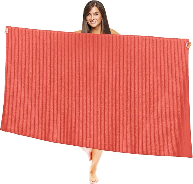 Elegant Comfort 100% Turkish Cotton Corduroy Ribbed Luxury Jumbo Bath Towel Ultra Soft - 35 x 70 Inch - Luxury Spa Premium Hotel Quality Highly Absorbent and Quick Dry Large Bath Towel, Coral