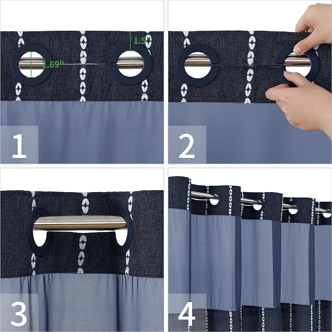 eachope Boho Farmhouse No Hook Shower Curtain with Liner,71x74,Navy Blue | Snap-in Liner,330GSM Thick Linen Textured Rustic Striped Design,Water-Repellent with Tassels and Sheer Window for Bathroom